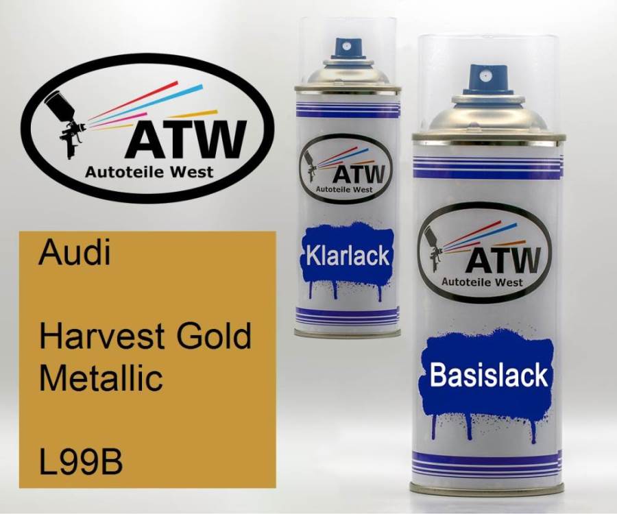 Audi, Harvest Gold Metallic, L99B: 400ml Sprühdose + 400ml Klarlack - Set, von ATW Autoteile West.